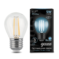Светодиодная лампа Gauss LED Filament шар 5Вт. Е27 (естественный белый свет)