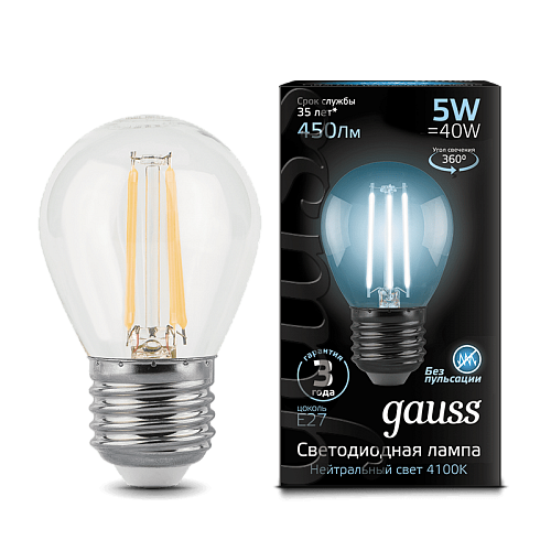 Светодиодная лампа Gauss LED Filament шар 5Вт. Е27 (естественный белый свет)